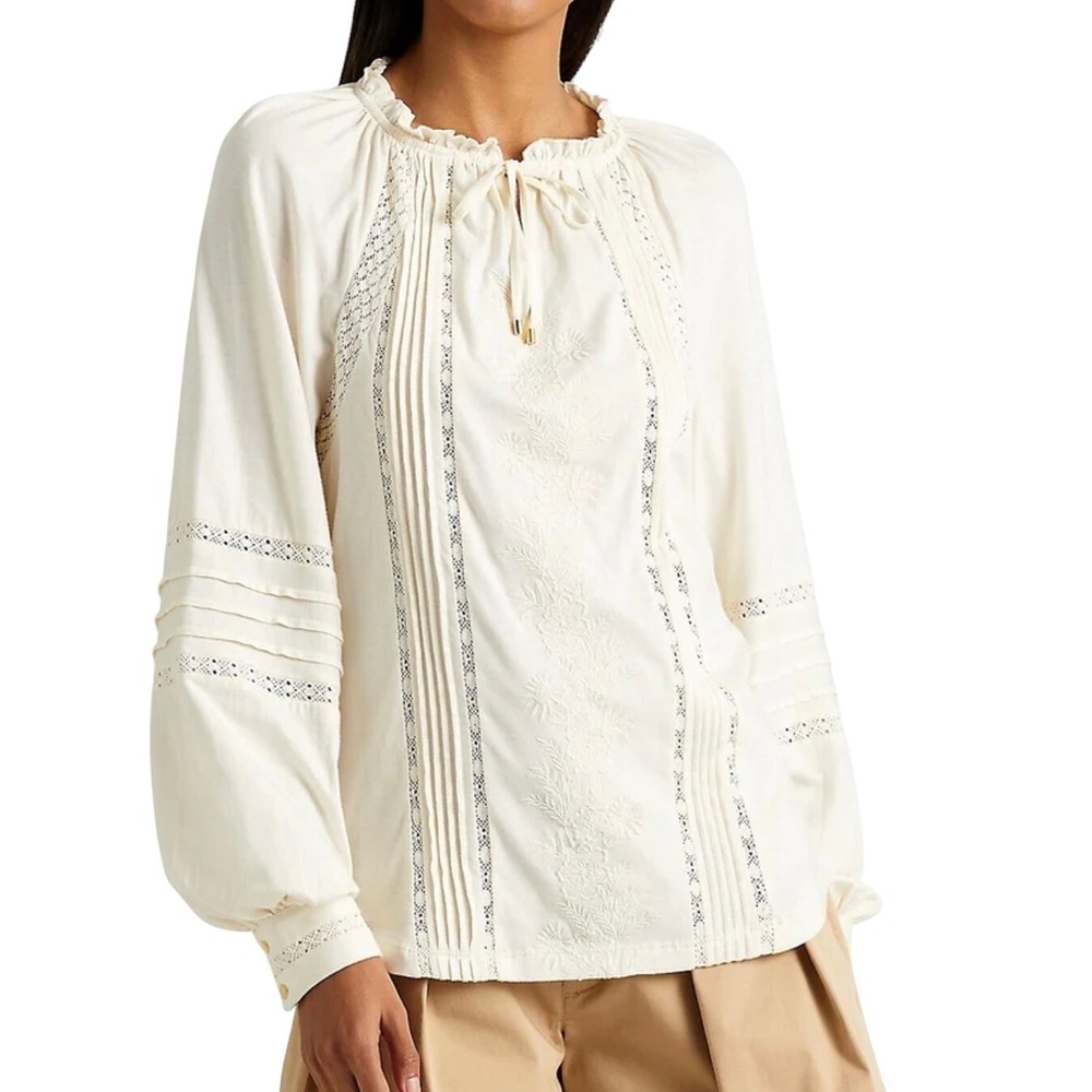 Lauren Ralph Lauren Long Sleeve Embroidered Tie-Neck Top‎